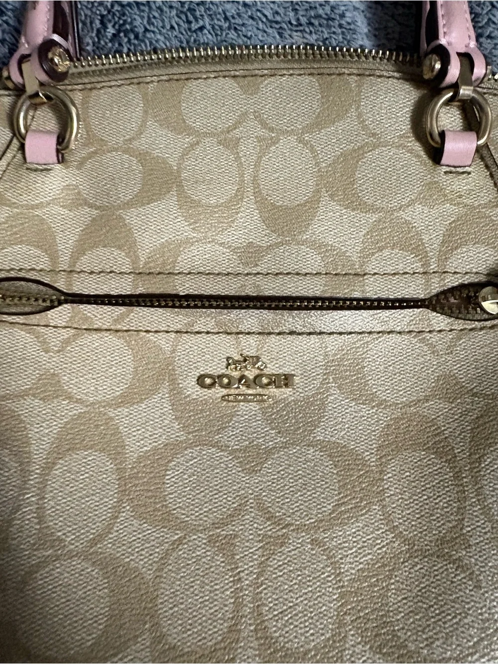 Coach Beige Signature Tote with Pink Trim and Strap